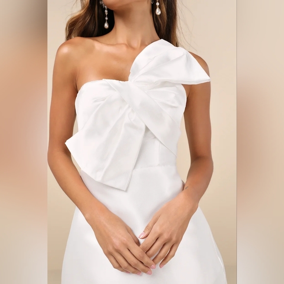 Lulus Utterly Pretty White Bow One-Shoulder Mini Dress with Pockets XL Wedding - Picture 4 of 9
